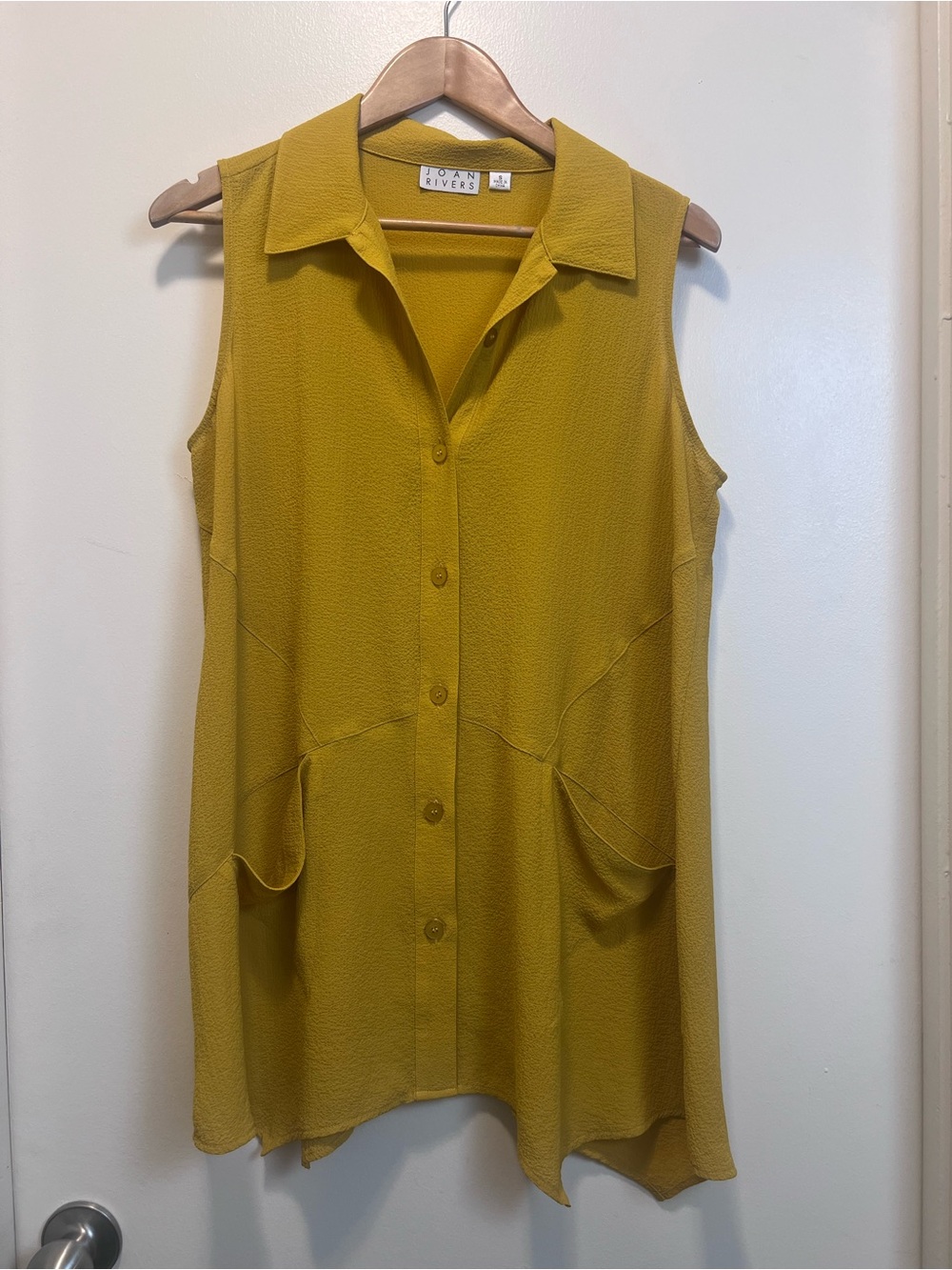 Joan Rivers Small Mustard Yellow Sleeveless Crepe Tunic Button Front Pockets
